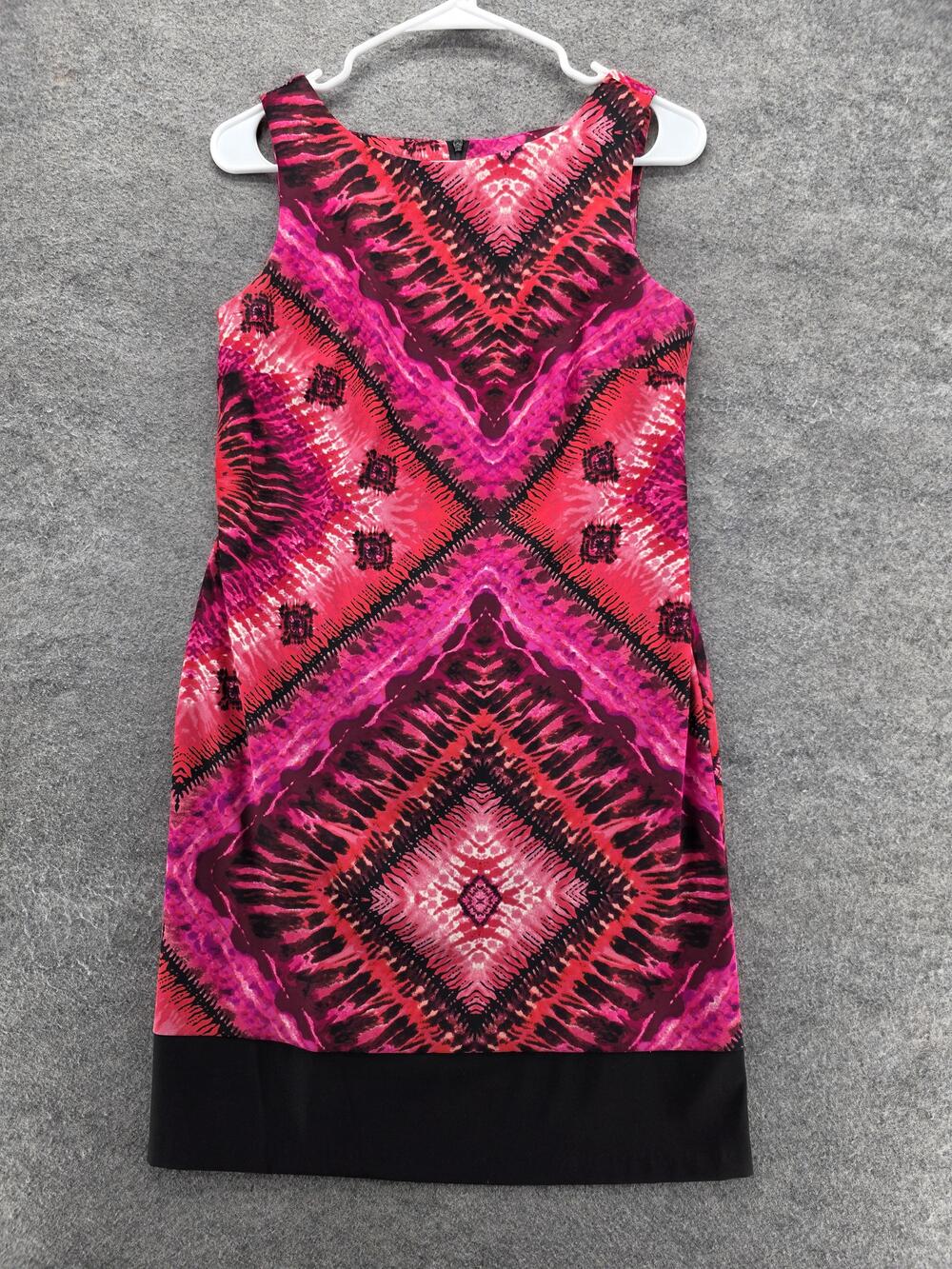Abstract Print Sheath Dress Womens 6 Pink Black Sleeveless Work Party Knee